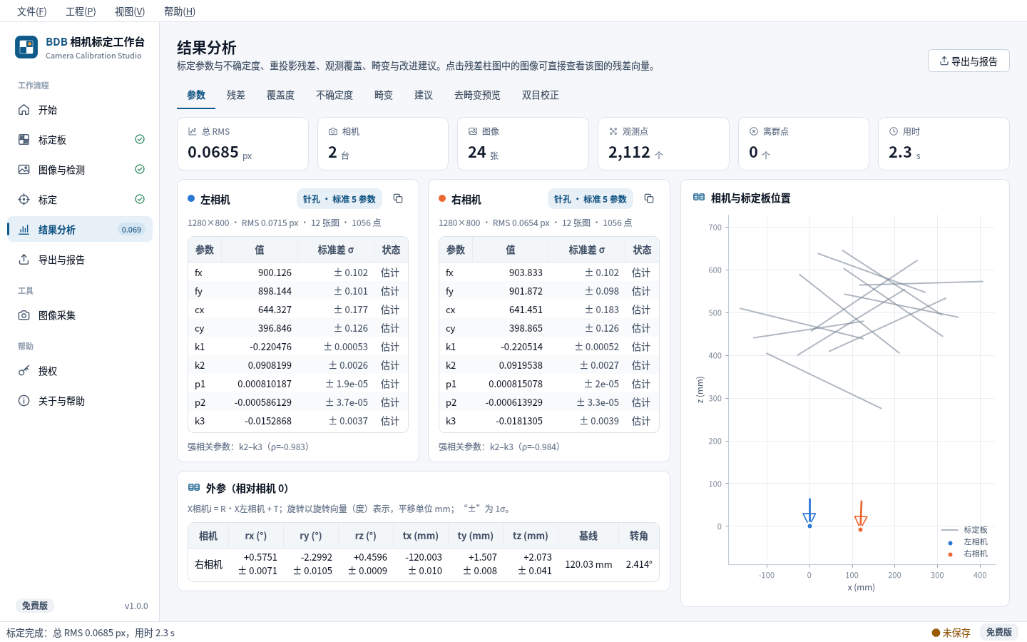 BDB 相机标定工作台：标定结果截图